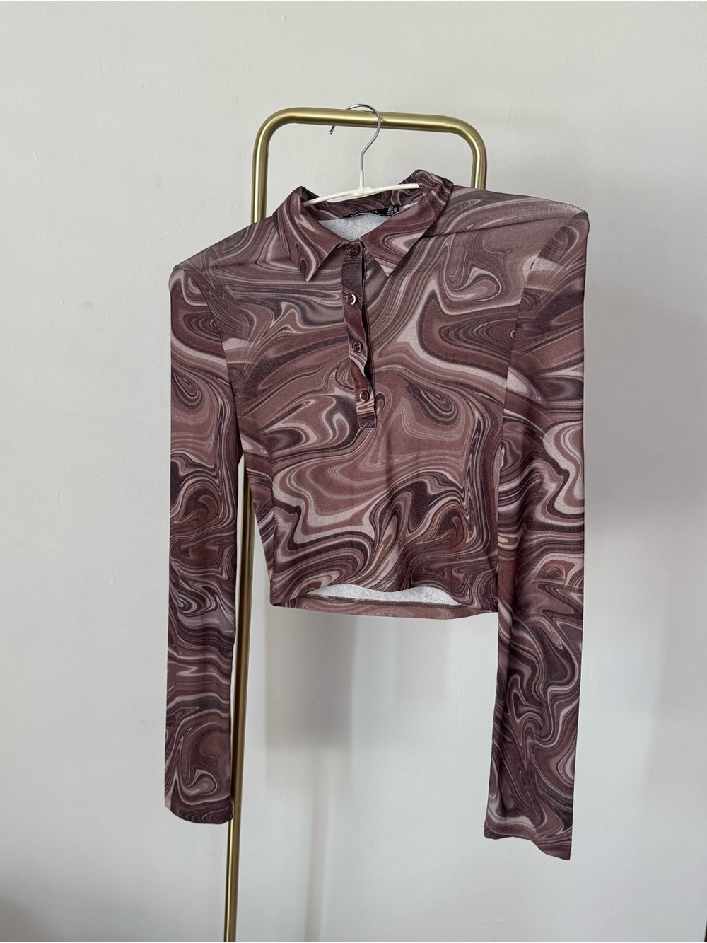 Nasty Gal Sheer Marble Print Long Sleeve Polo Top in Brown